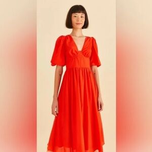 Farm Rio red puff sleeve cutout midi dress